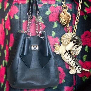 Betsey Johnson lot of 2 Black Leather Rose Bag & Dachshund Necklace
